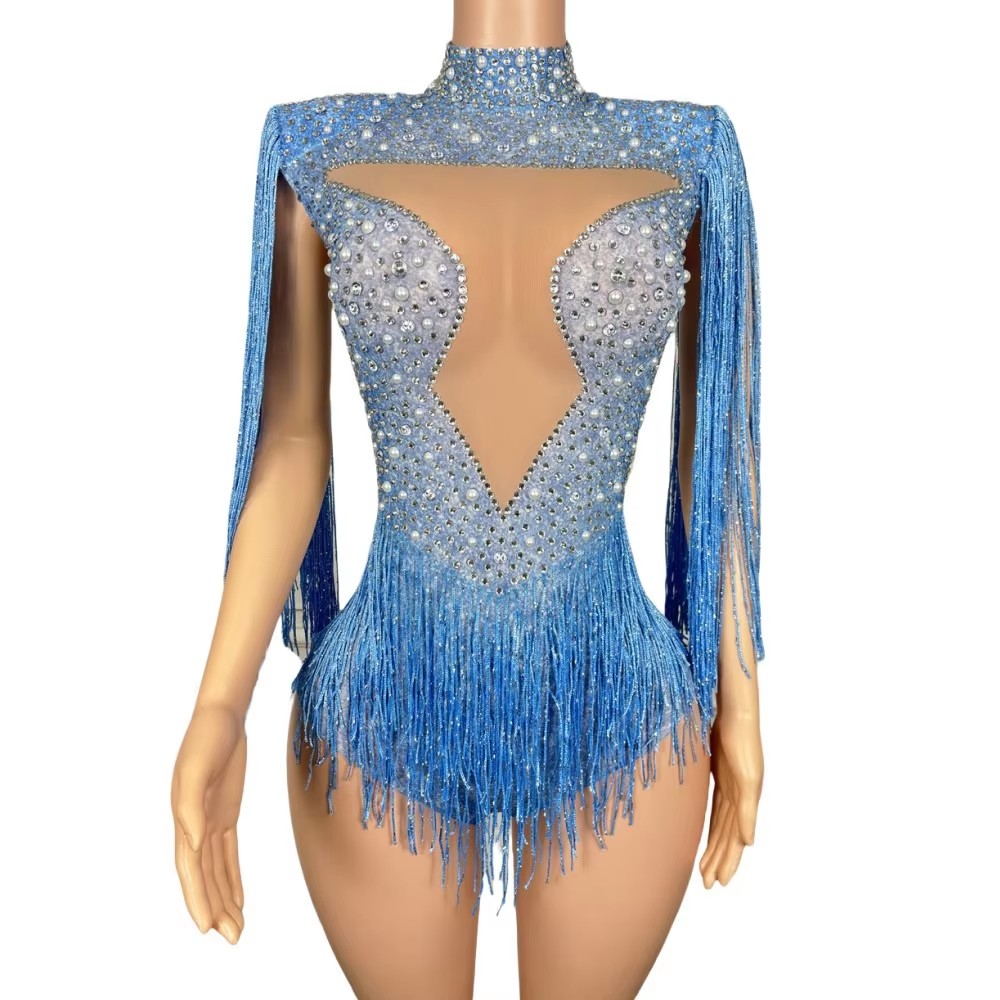 Rhinestone Banding Trim - Mavi Kristal Taşlı Püsküllü Bodysuit Seksi